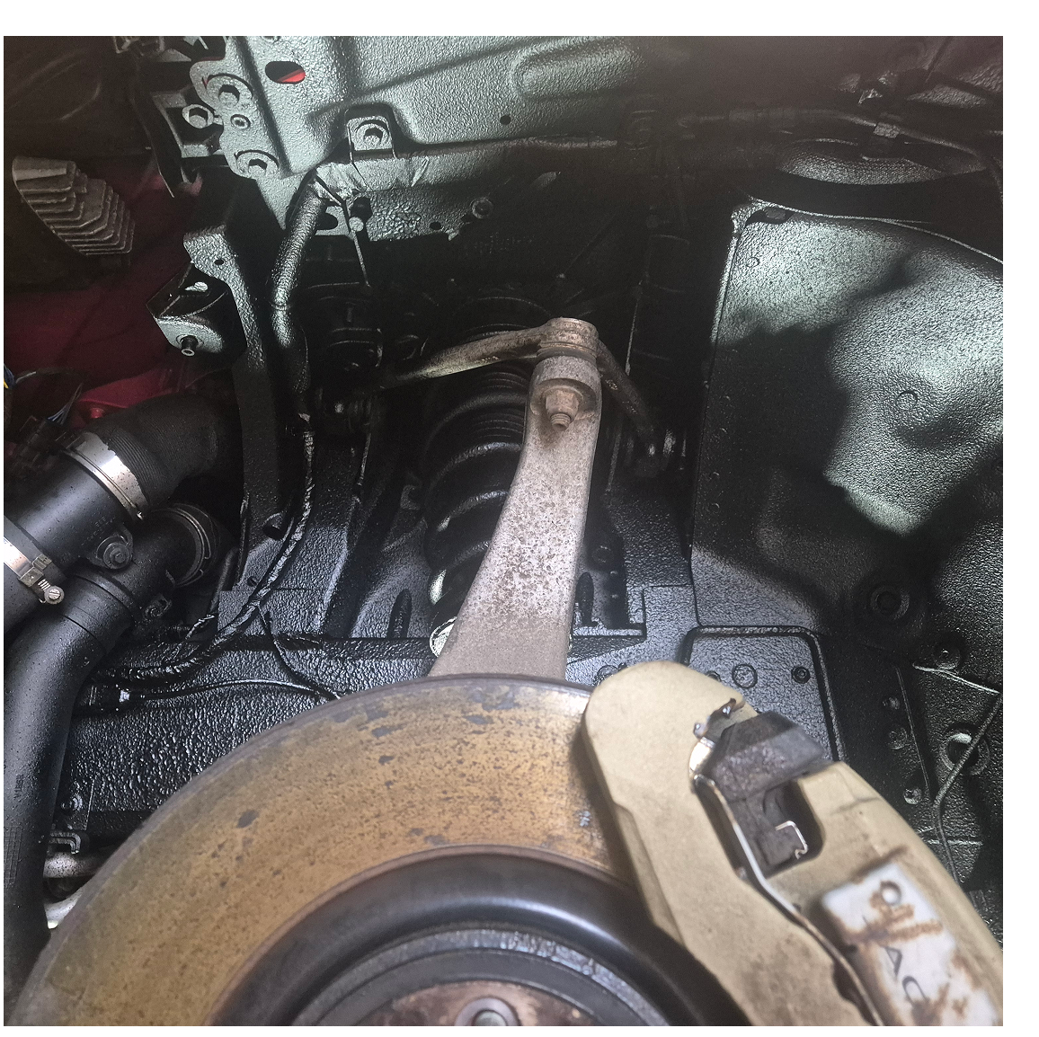 Car front suspension, brake rotor and caliper